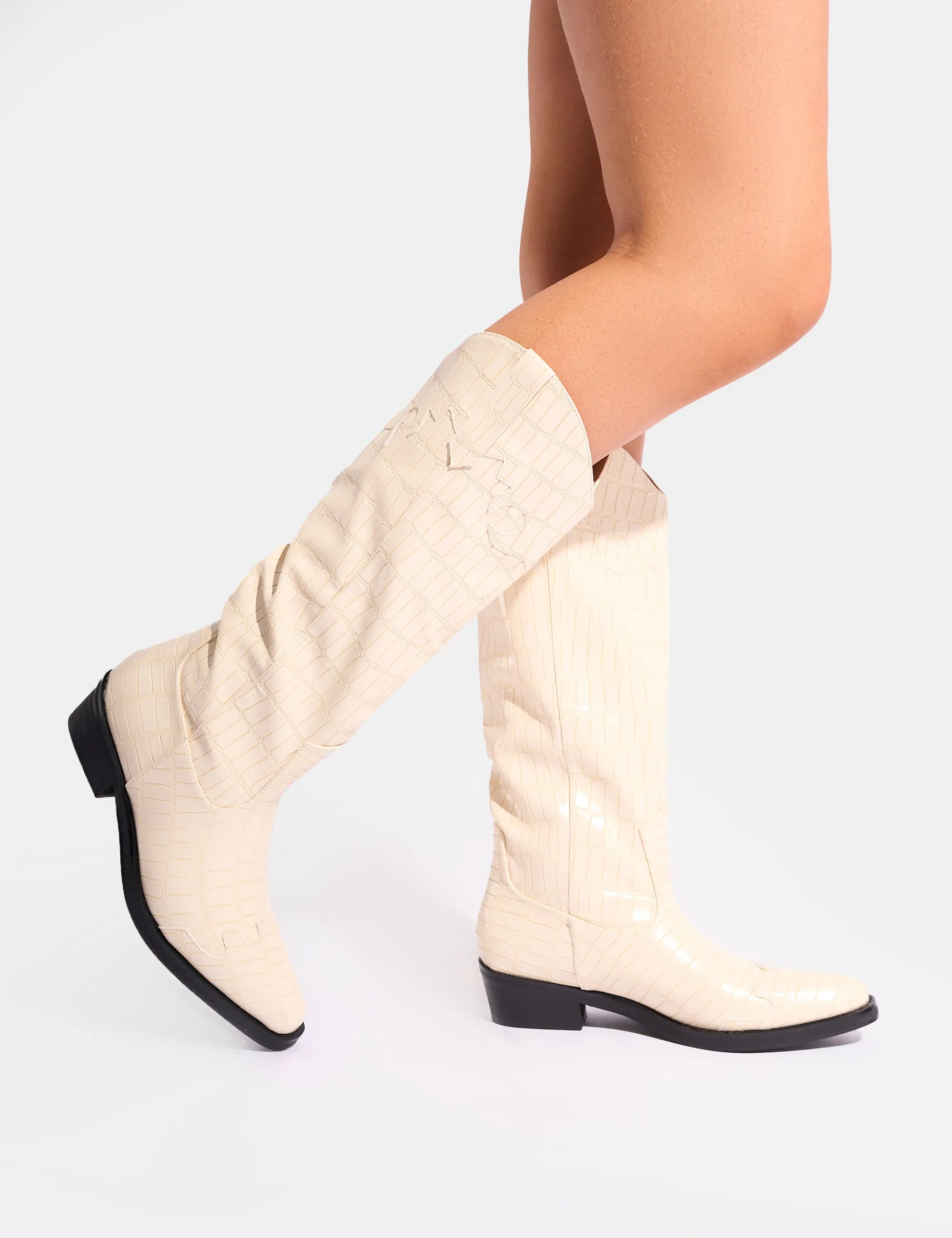 Apollo Cream Stitch Flat Western Knee High Boots