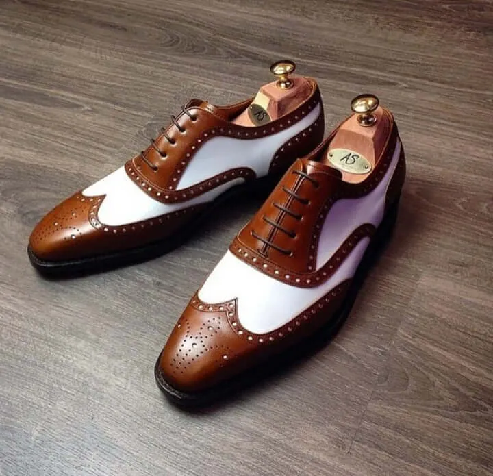 Bespoke Brown & White Leather Wing Tip Brogue Lace Up Shoe for Men