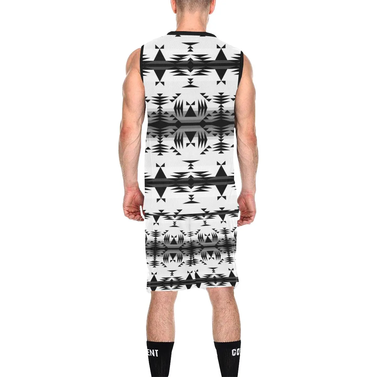 Between the Mountains White and Black Basketball Uniform