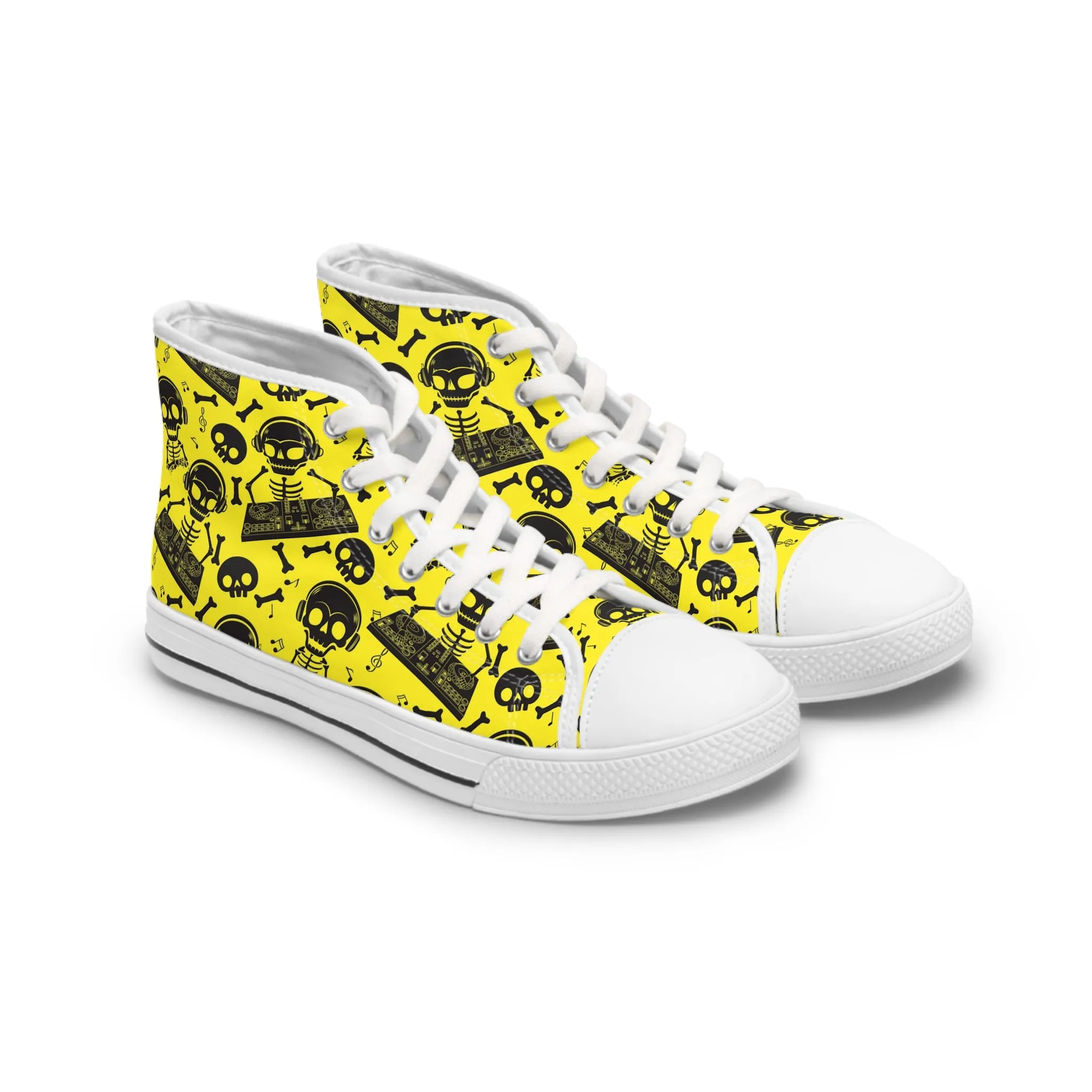 Black Skeleton Yellow Background Women's High Top Sneakers