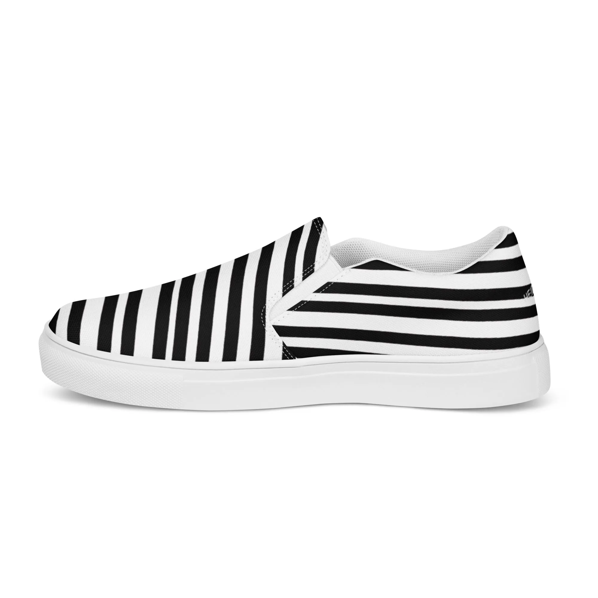 Black White Striped Slip Ons, Striped Modern Best Casual Breathable Men’s Slip-on Canvas Shoes (US Size: 5-13)