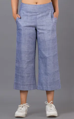 Blue solid wide leg cropped pants