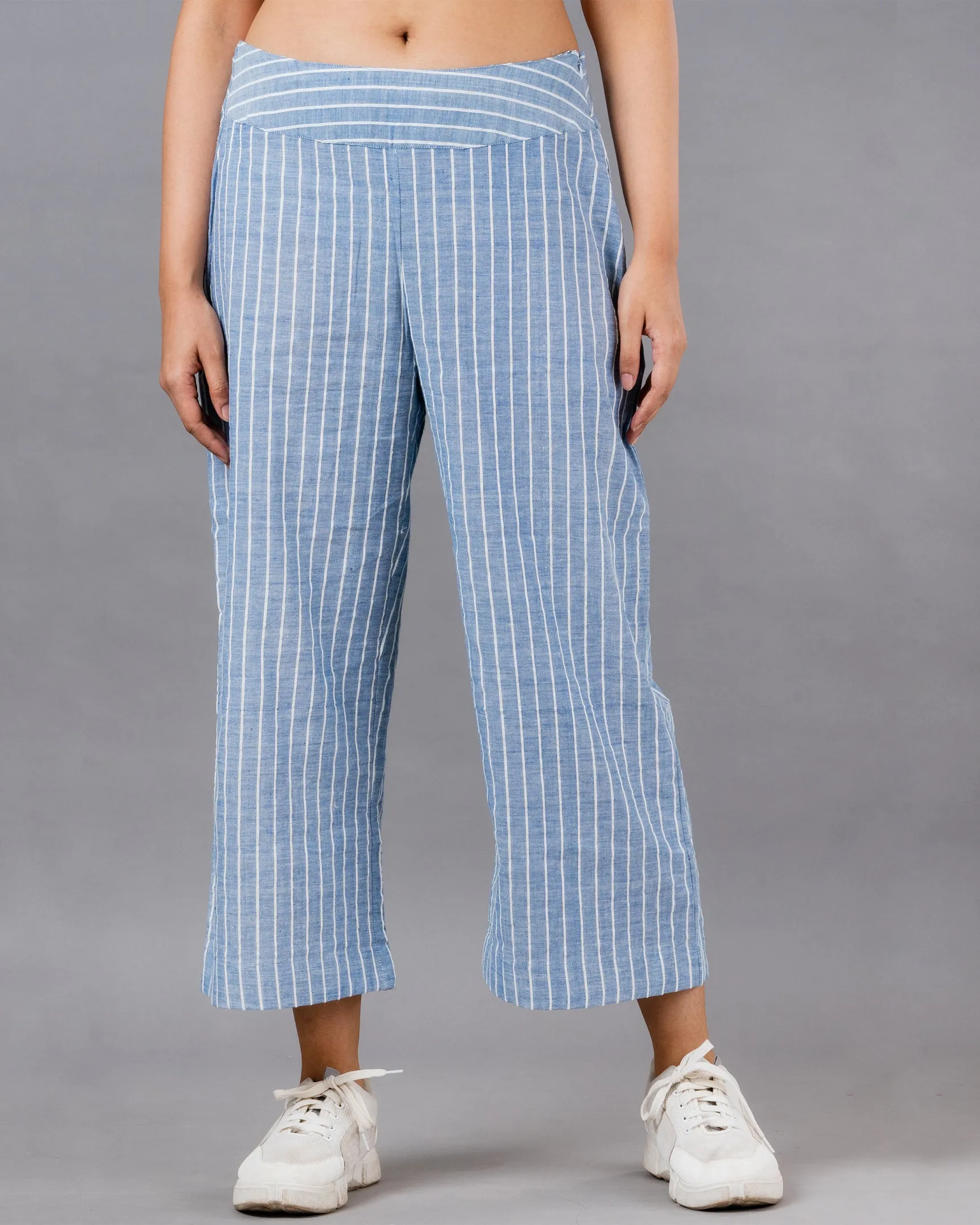 Blue striped wide legged cropped pants