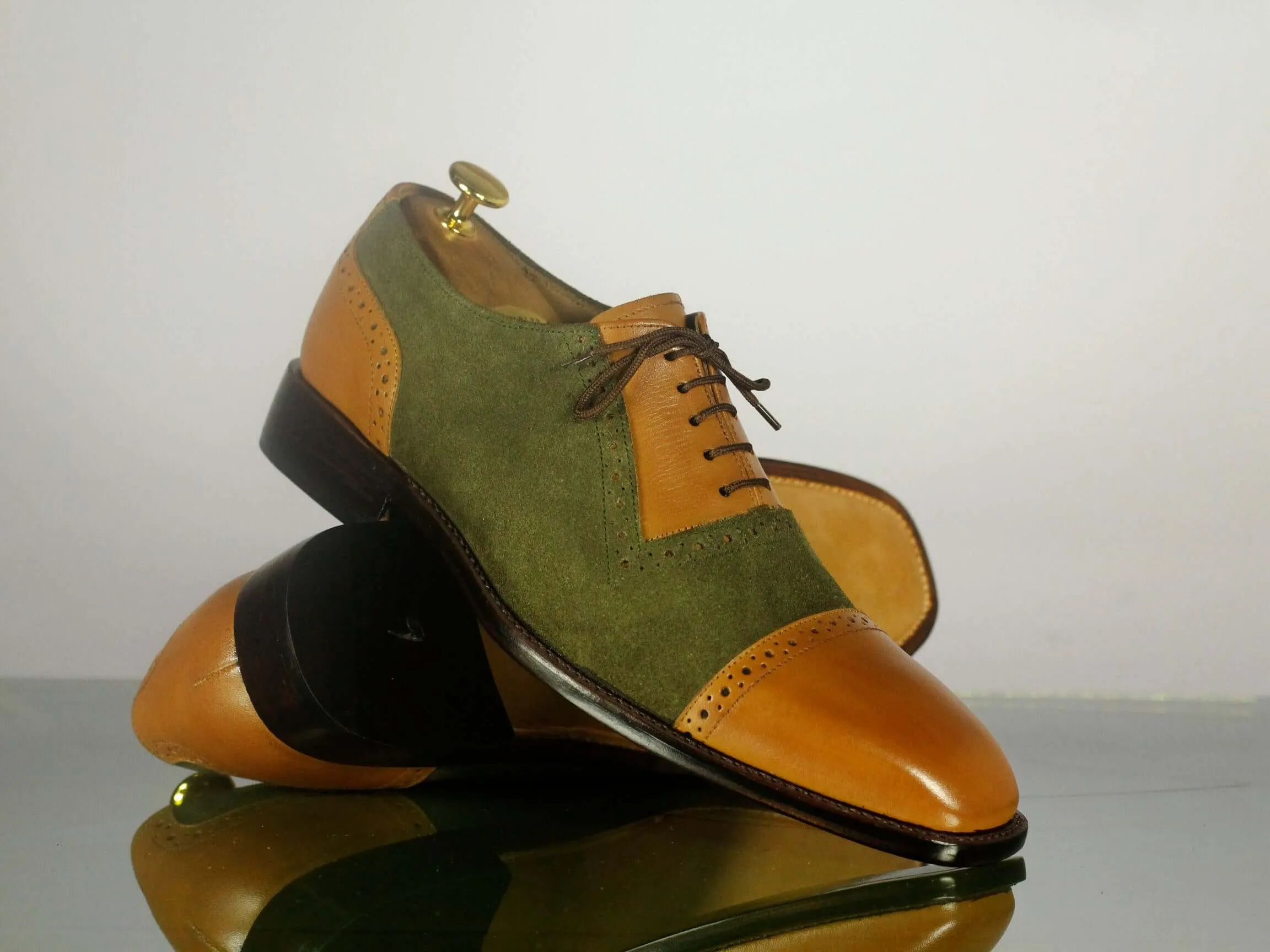 Brown Green Leather Suede Cap Toe Lace Up Shoes,Handmade Party Shoes