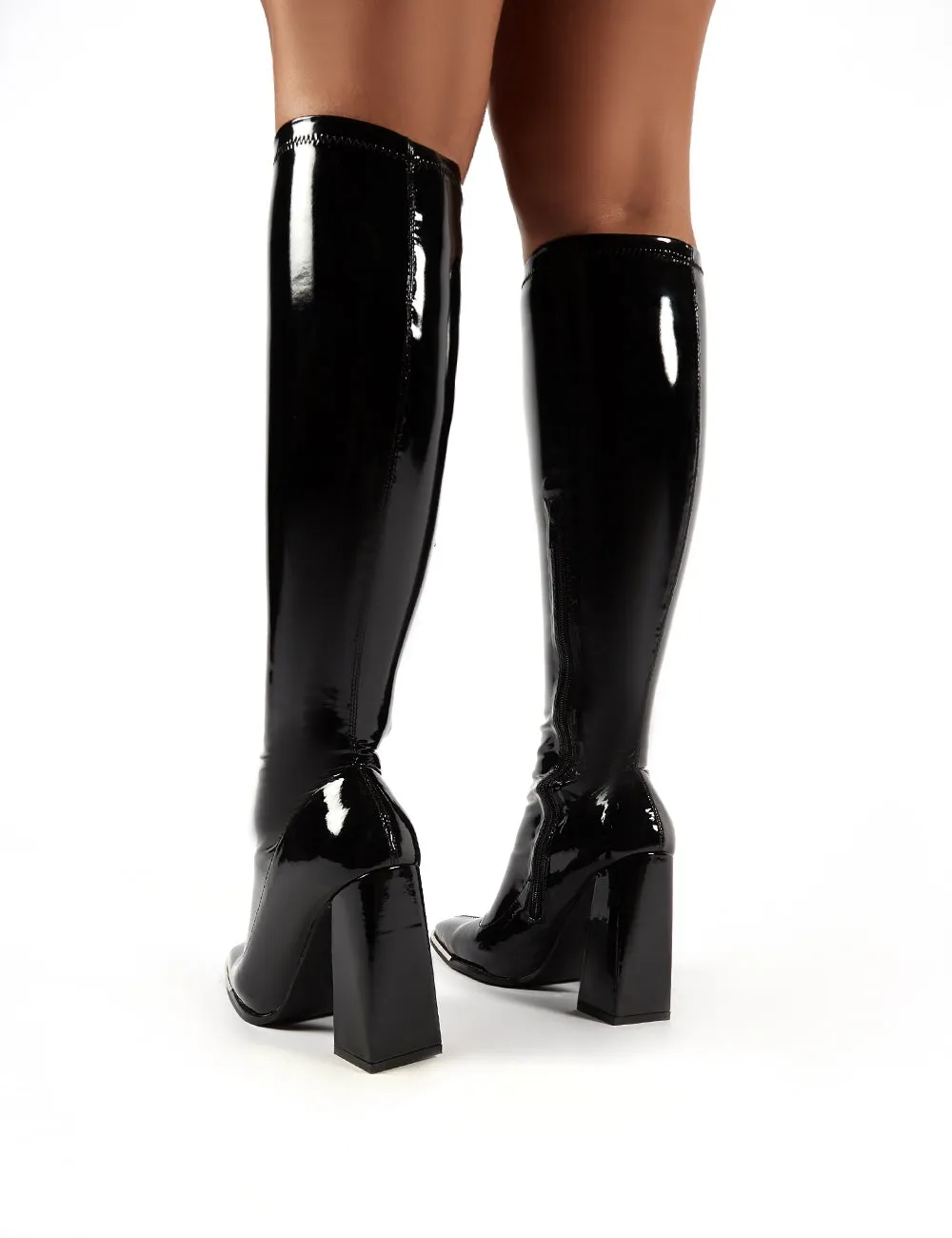 Caryn Black Vinyl Block Heeled Knee High Boots