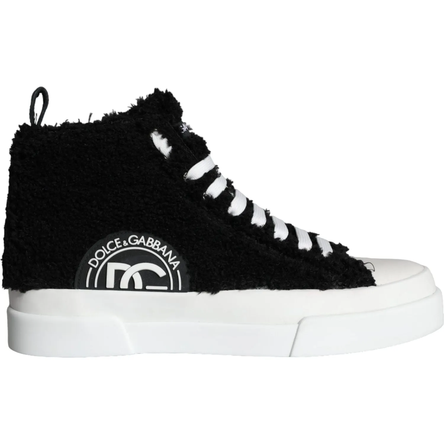 Dolce & Gabbana Black White Fur Logo High Top Sneaker Shoes