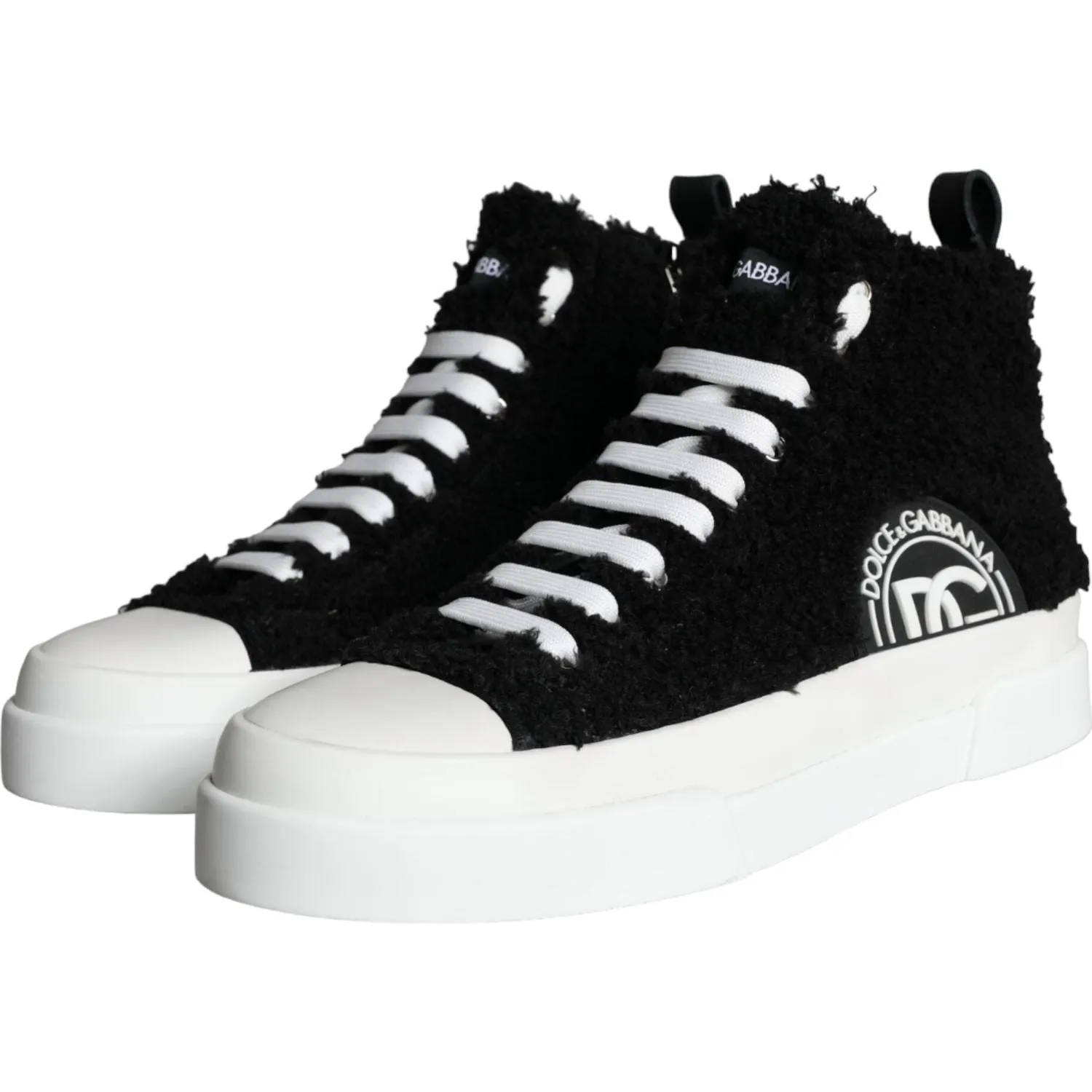 Dolce & Gabbana Black White Fur Logo High Top Sneaker Shoes