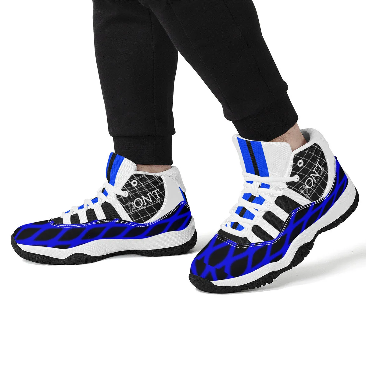 DX4 White Logo ,  Black, Blue Netting & White High Top Air Retro Sneakers - White