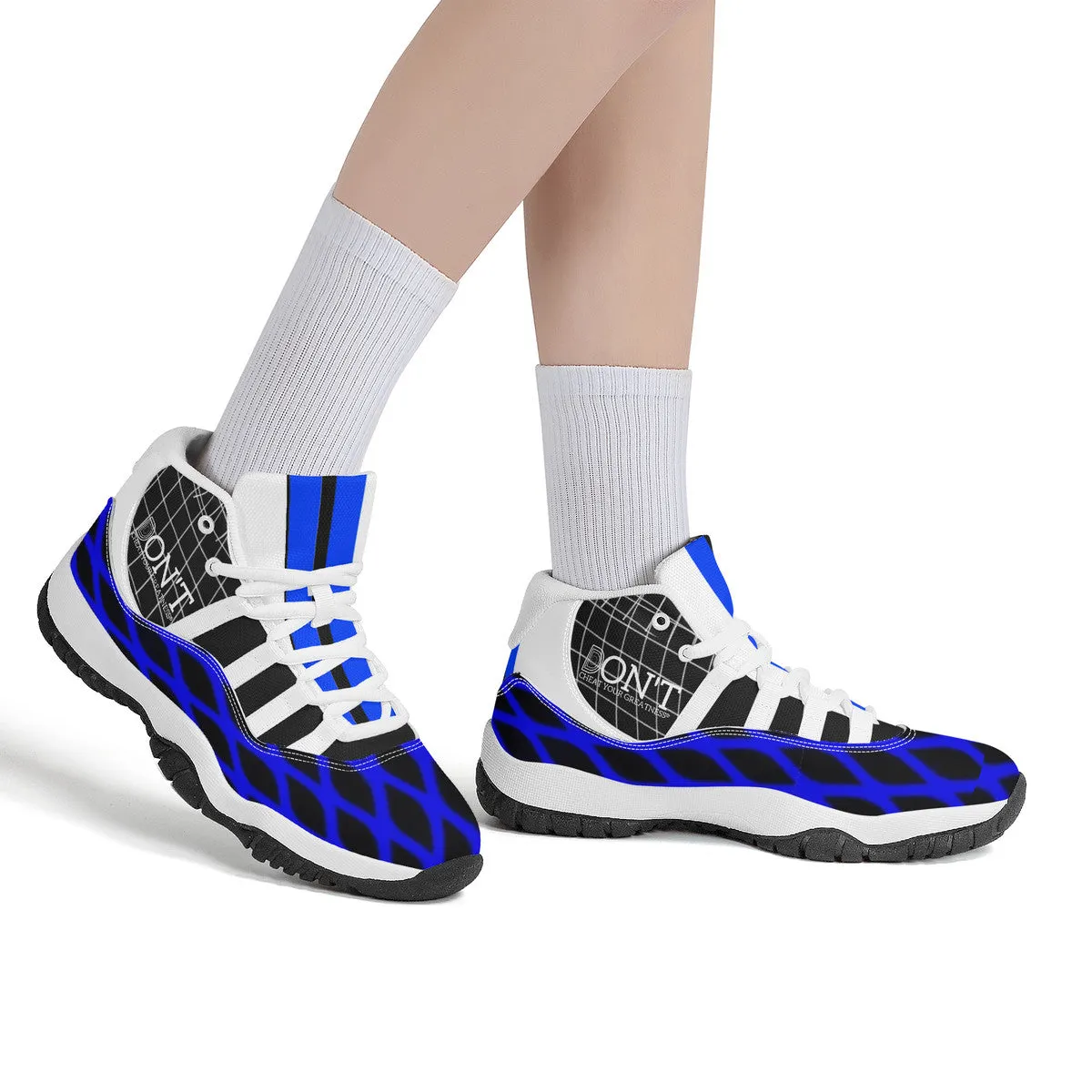 DX4 White Logo ,  Black, Blue Netting & White High Top Air Retro Sneakers - White