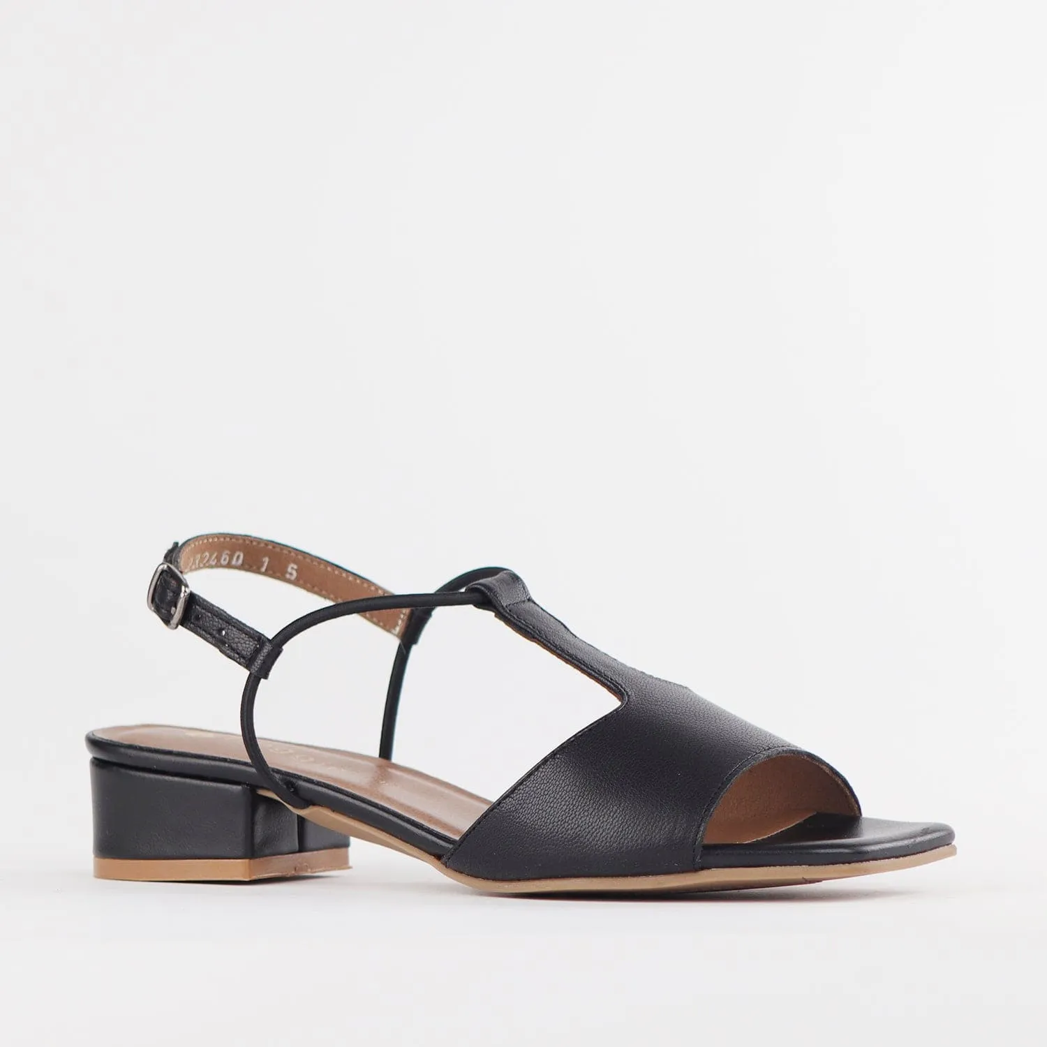 Elasticated Block Heel T-bar Sandal in Black - 12668