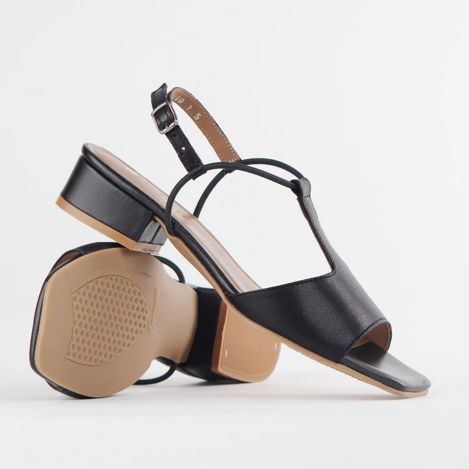 Elasticated Block Heel T-bar Sandal in Black - 12668