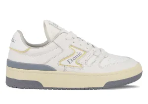 Etonic B481 sneakers in white leather, white mesh, yellow and smoke grey green details with beige midsole and smoke grey bottom outsole.