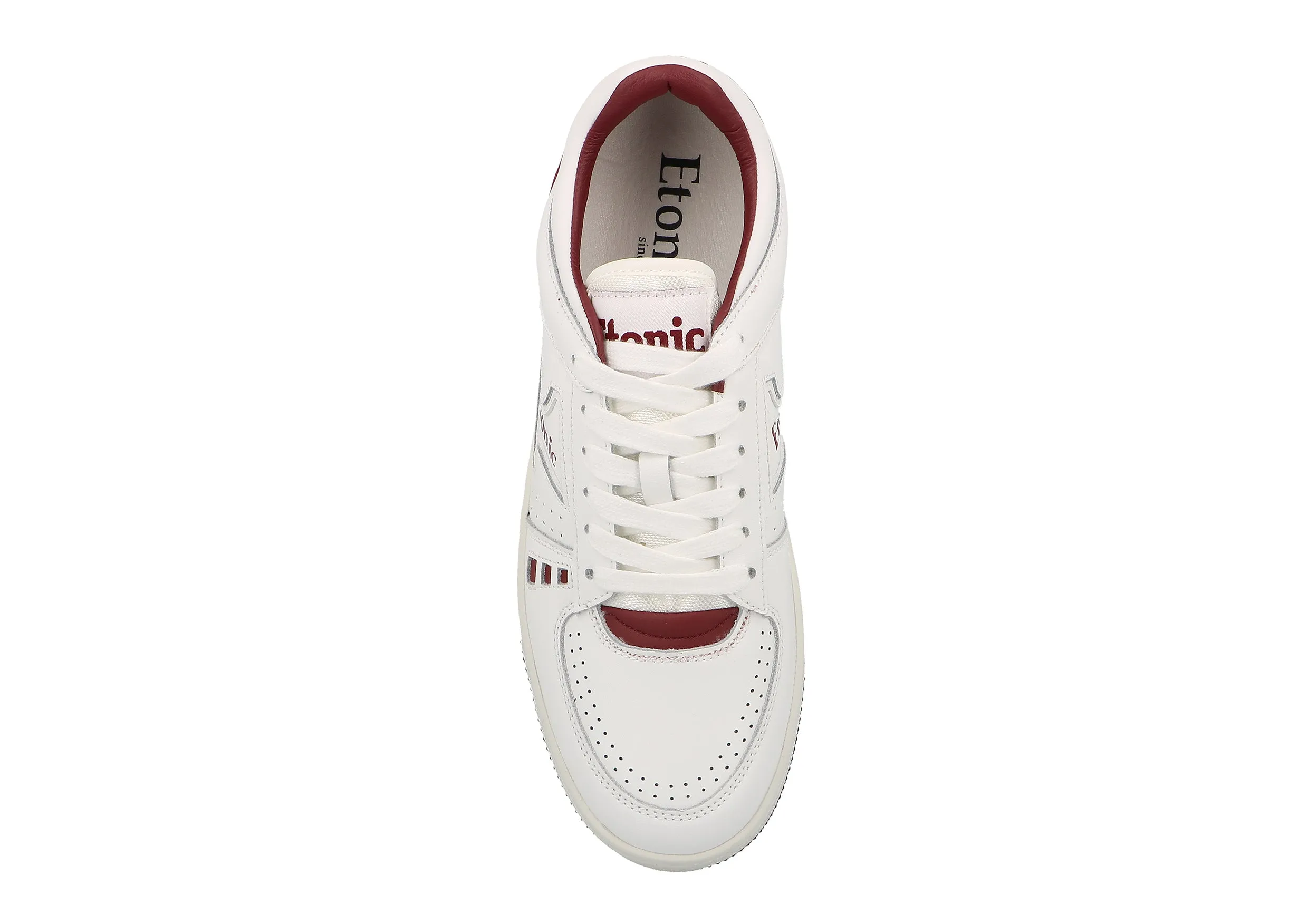 Etonic B509 sneakers in white leather with burgundy details and inserts.