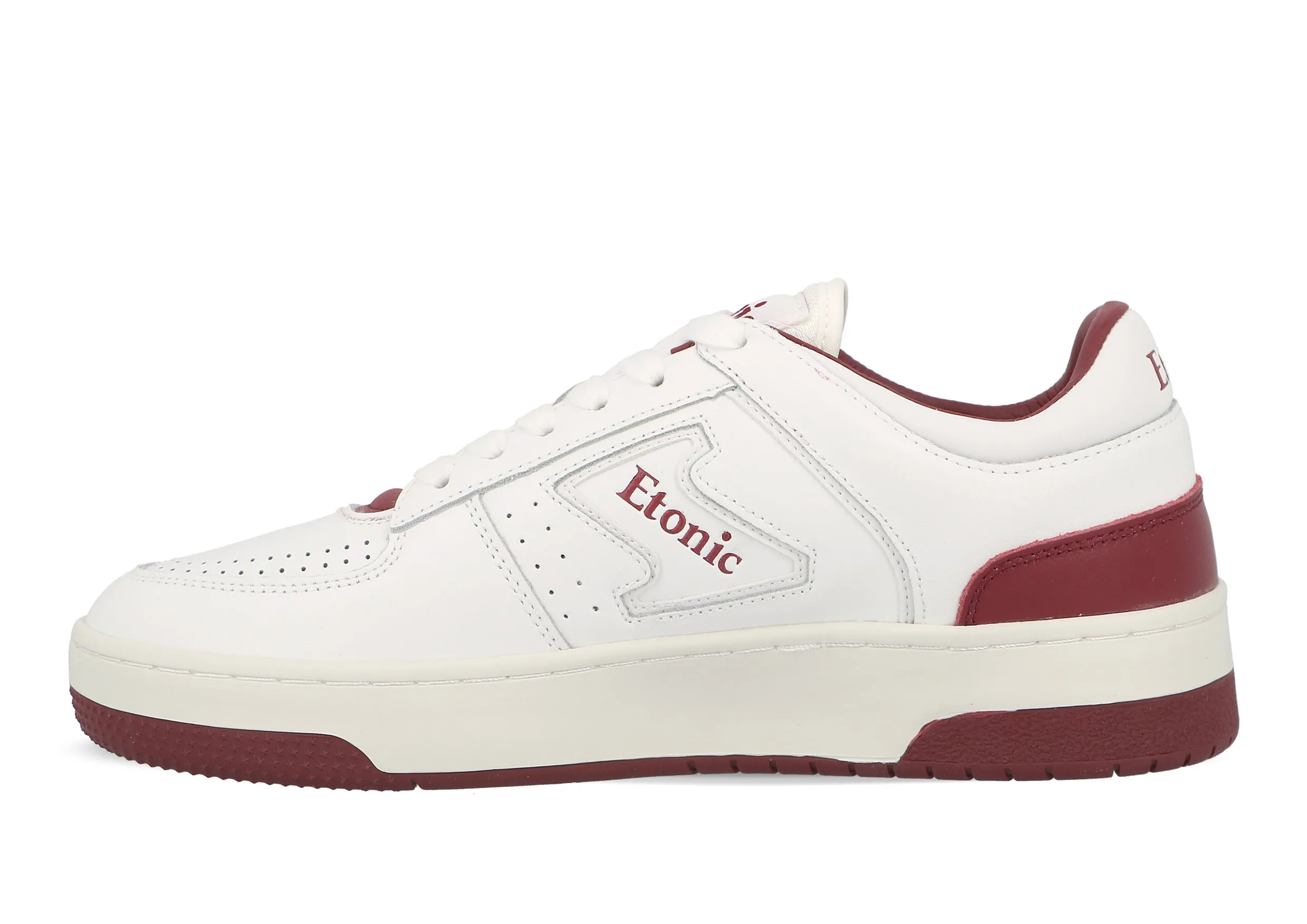 Etonic B509 sneakers in white leather with burgundy details and inserts.