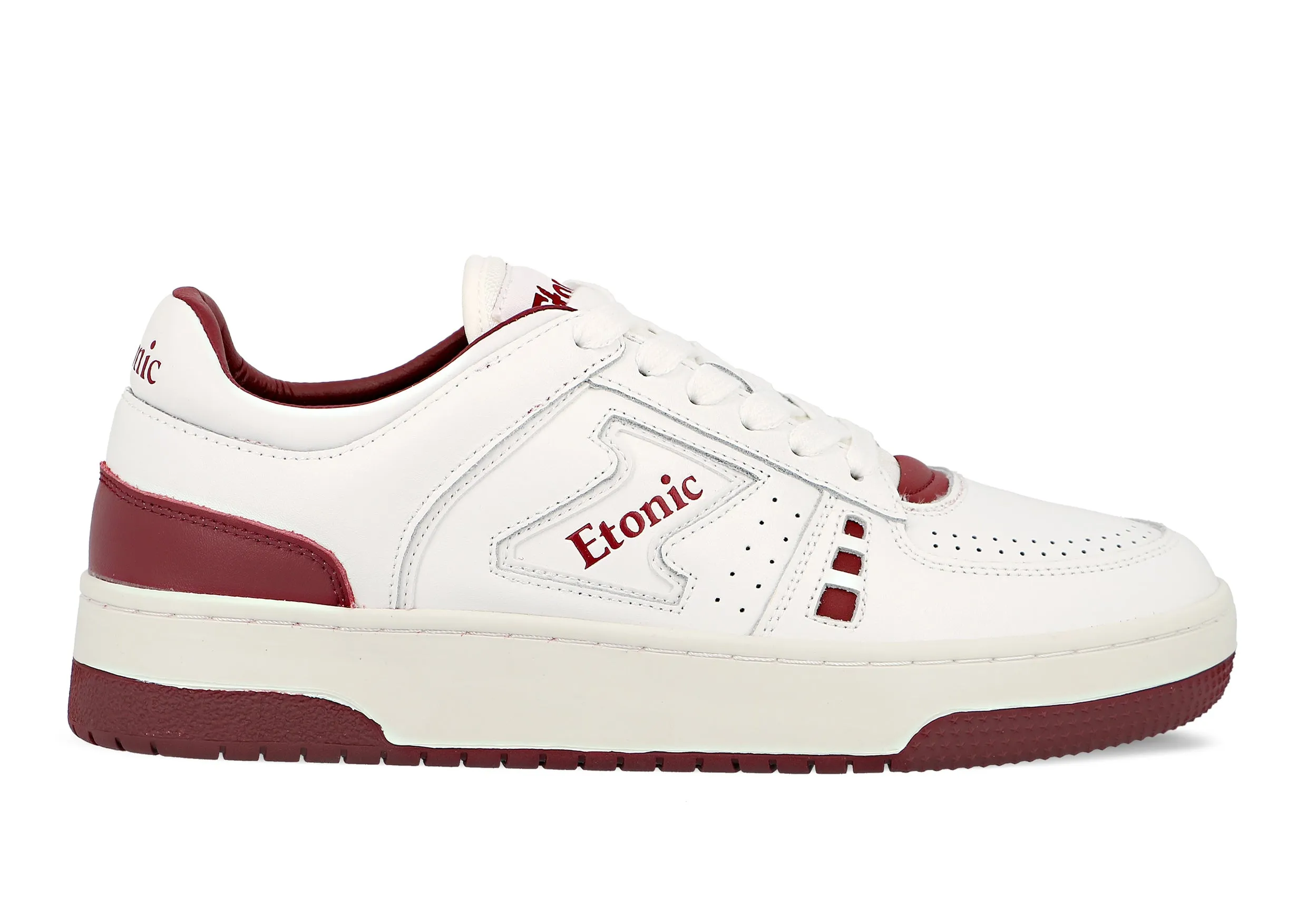 Etonic B509 sneakers in white leather with burgundy details and inserts.