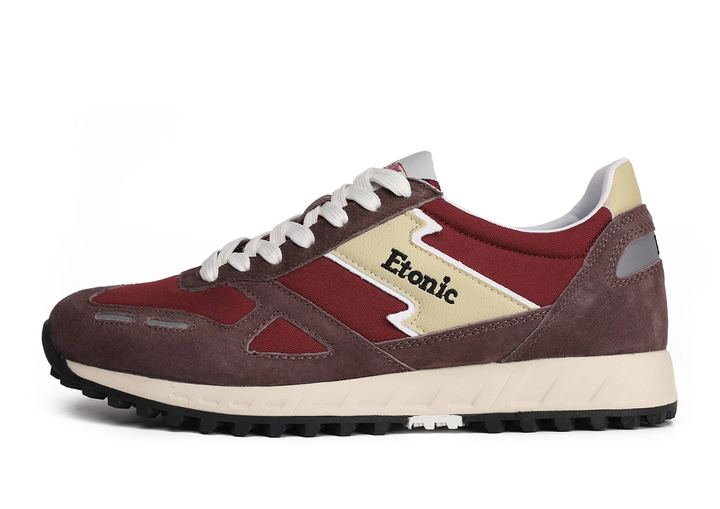 Etonic PR538 runners in burgundy suede, crimson red nylon and black details.