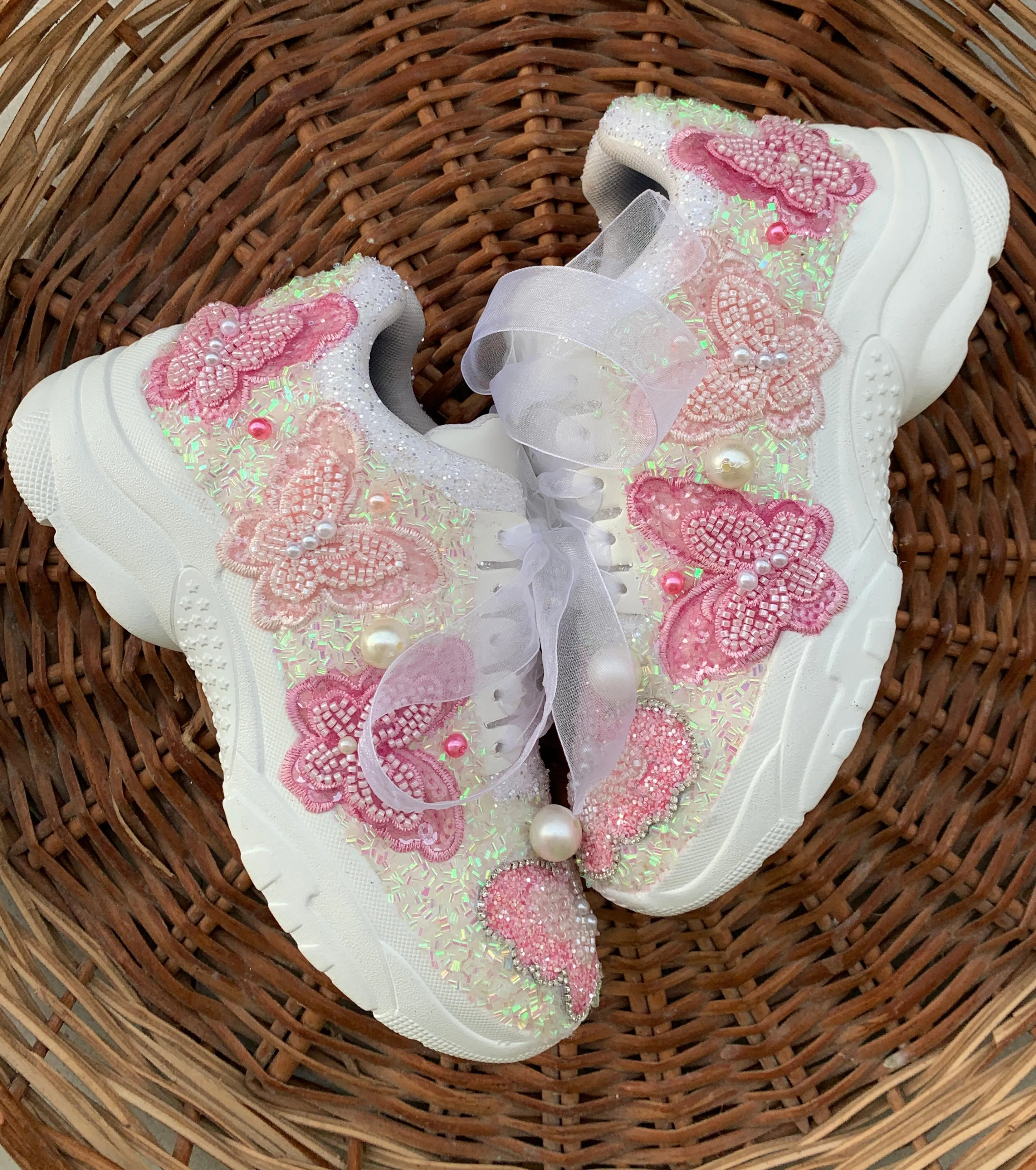 FUNKY N TRENDY pink butterfly embroidery sneakers for brides /pink embroidered sneakers/ handcrafted sneakers/ butterfly sneakers / bridal sneakers / bridesmaid sneakers/ pink and lavender hand work sneakers/lavender shoes