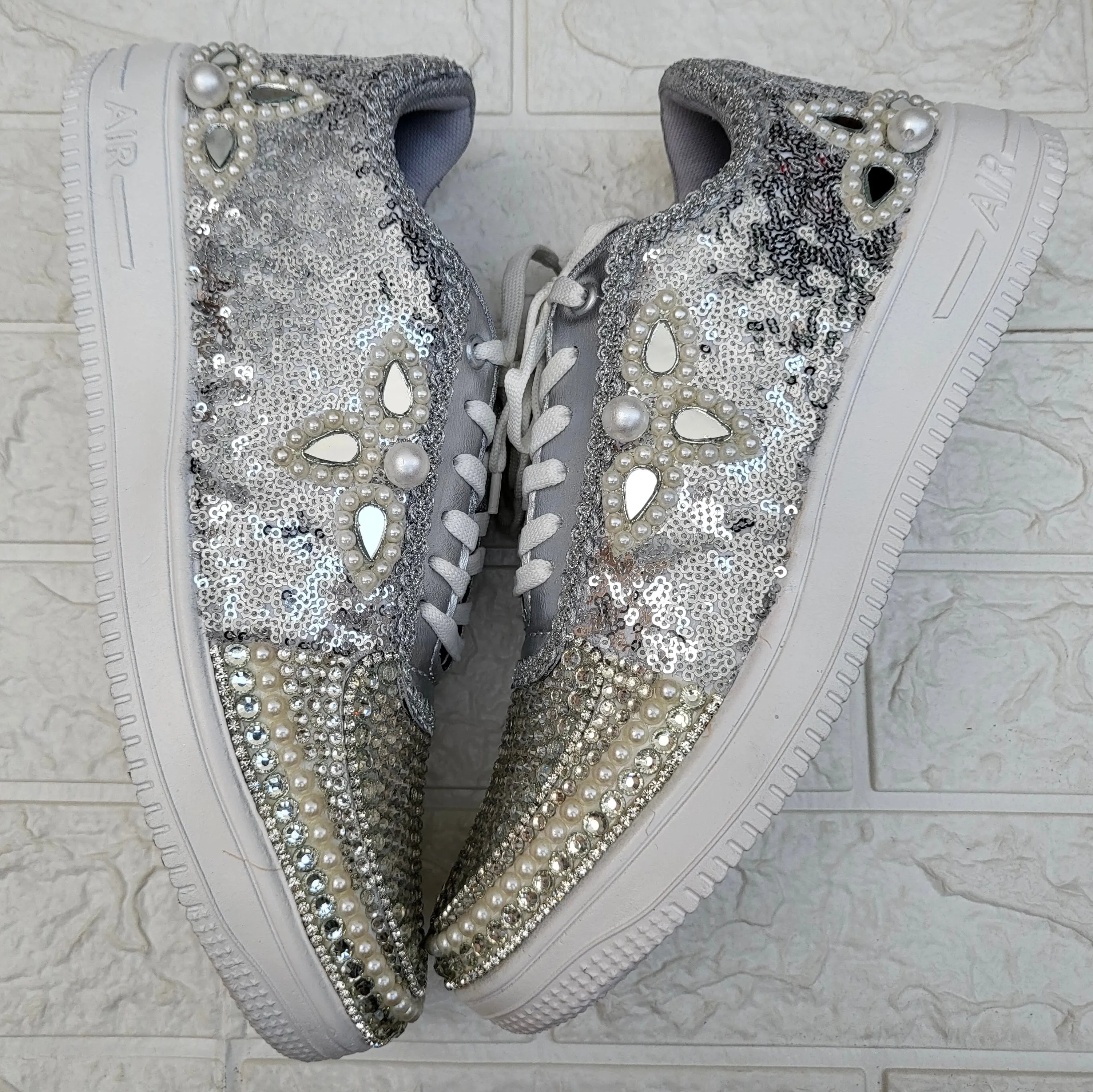 FUNKY N TRENDY silver color sequine work sneakers for brides / bridesmaids/ silver sneakers / silver shoes /silver embroidered shoes