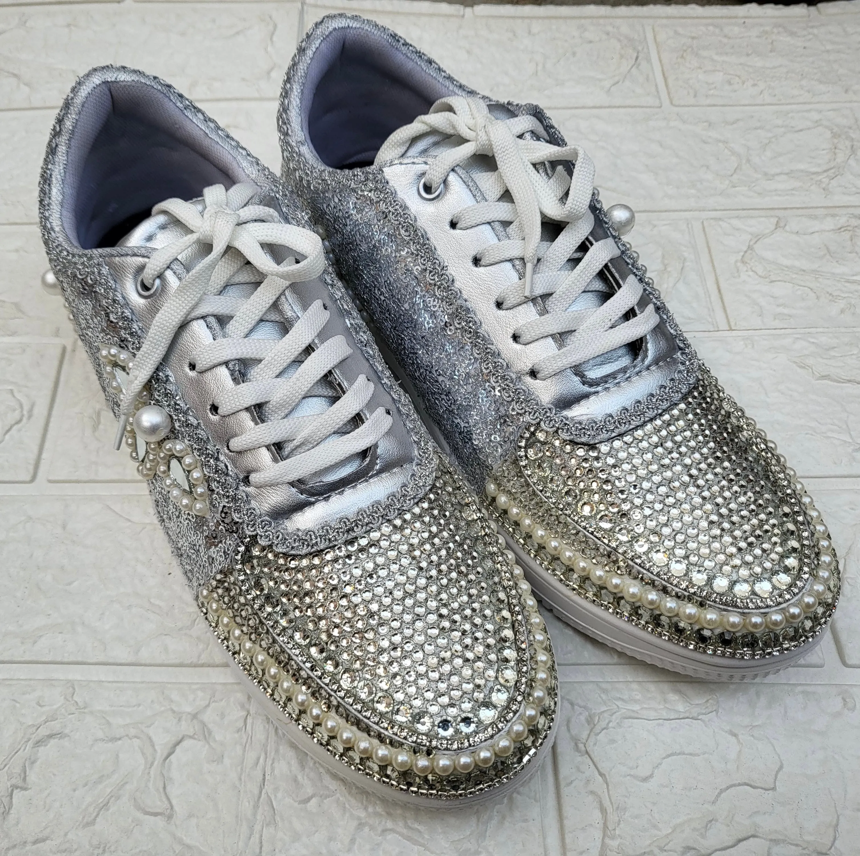 FUNKY N TRENDY silver color sequine work sneakers for brides / bridesmaids/ silver sneakers / silver shoes /silver embroidered shoes