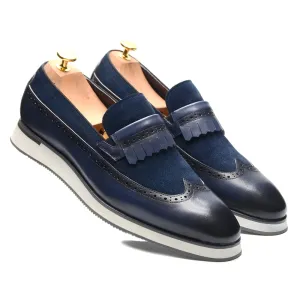 Genuine Leather Suede Wingtip Tassel Flat Loafers