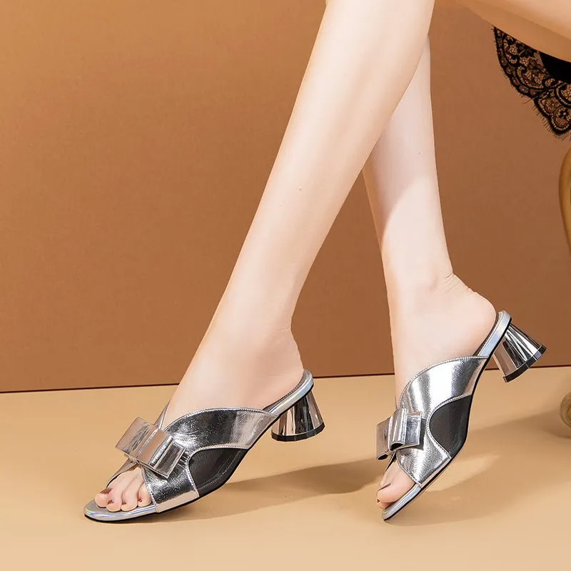 Glossy Bow Leather High Heel Sandals