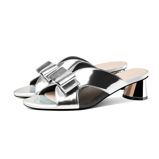 Glossy Bow Leather High Heel Sandals