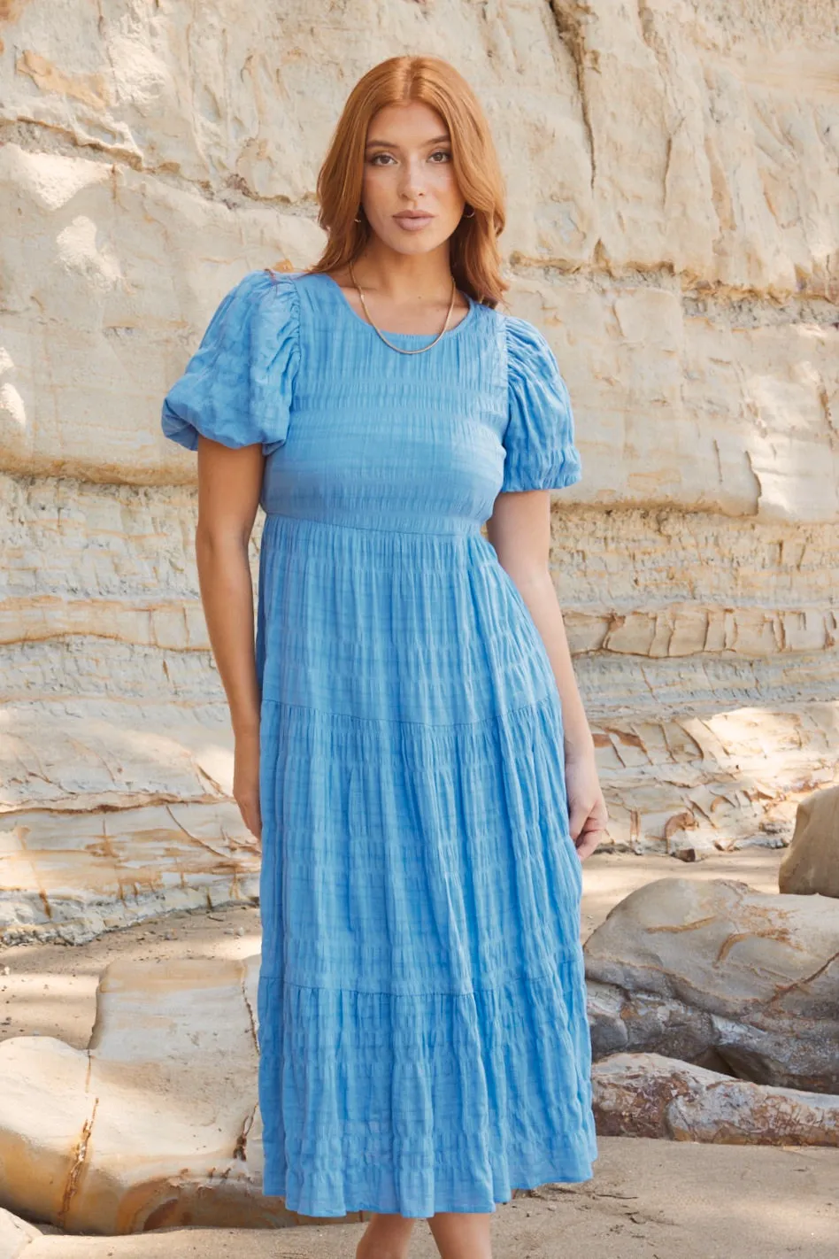 Graceful French Blue Shirred Cotton Bubble Sleeve Tiered Maxi Dress