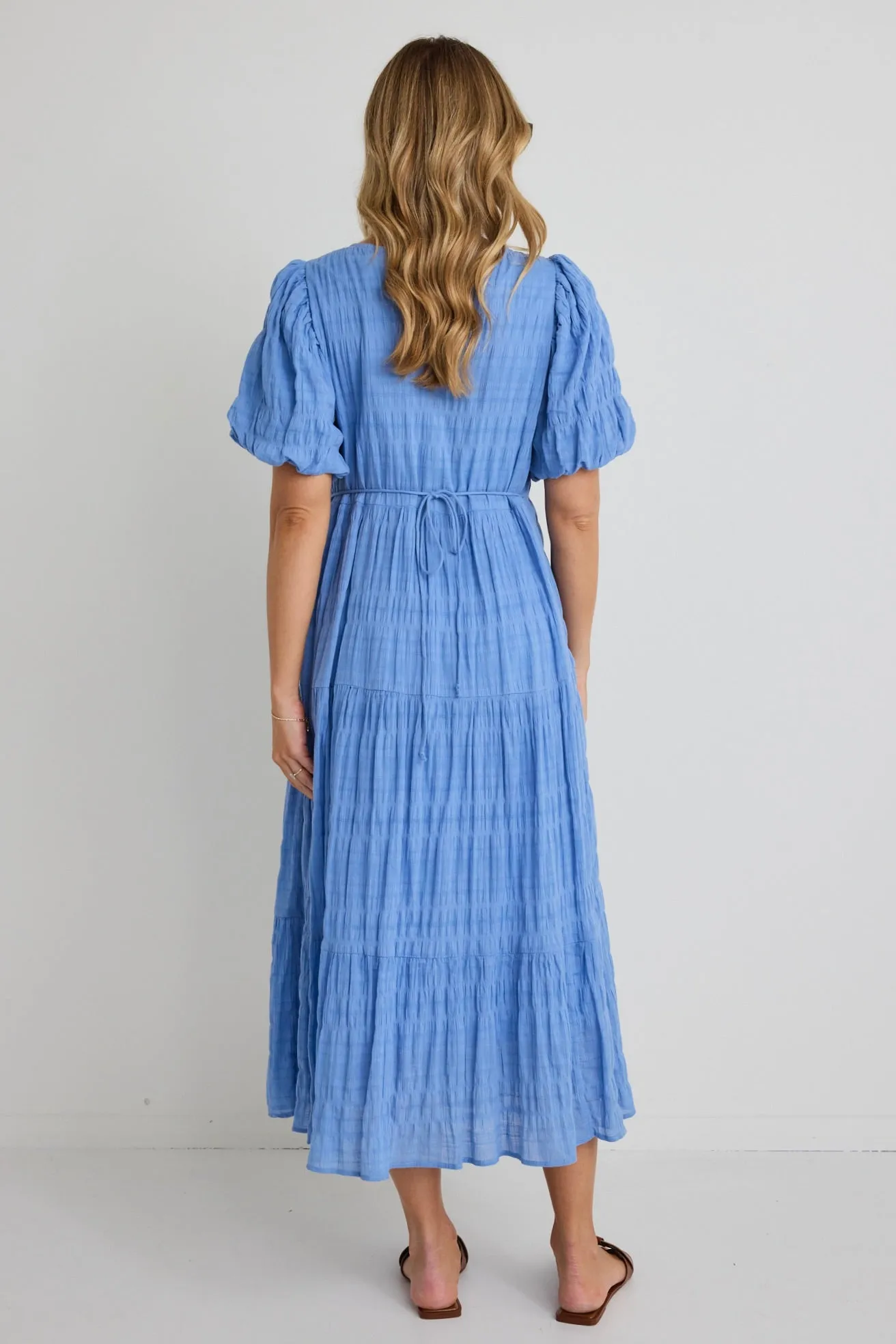 Graceful French Blue Shirred Cotton Bubble Sleeve Tiered Maxi Dress