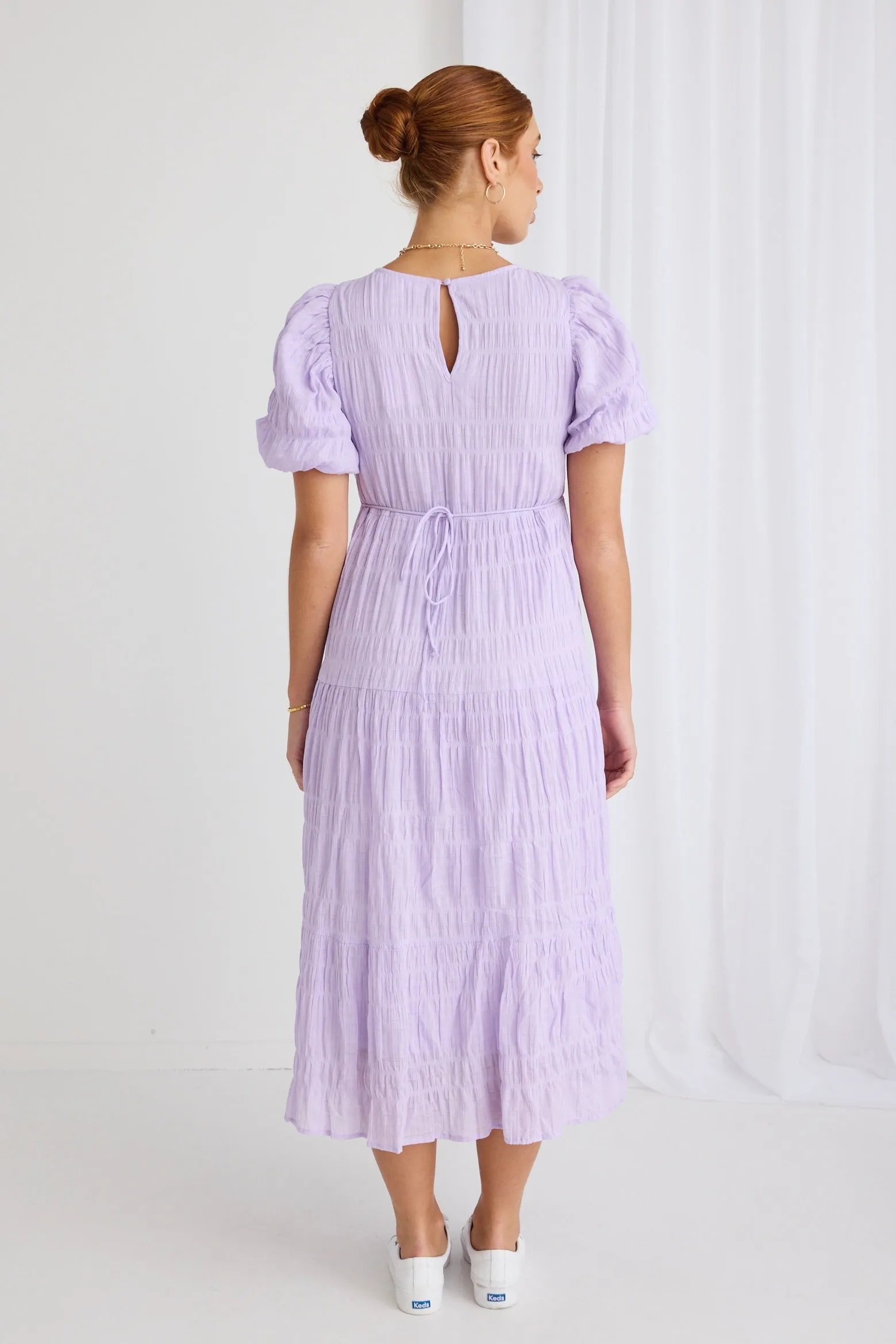 Graceful Lilac Shirred Cotton Bubble Sleeve Tiered Maxi Dress