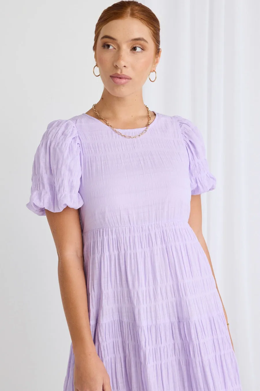 Graceful Lilac Shirred Cotton Bubble Sleeve Tiered Maxi Dress