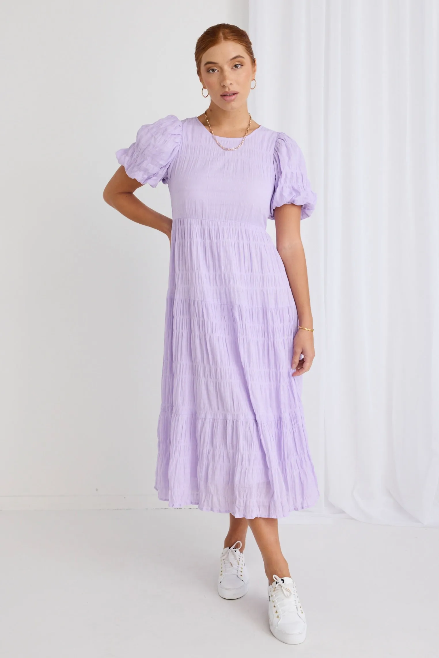 Graceful Lilac Shirred Cotton Bubble Sleeve Tiered Maxi Dress