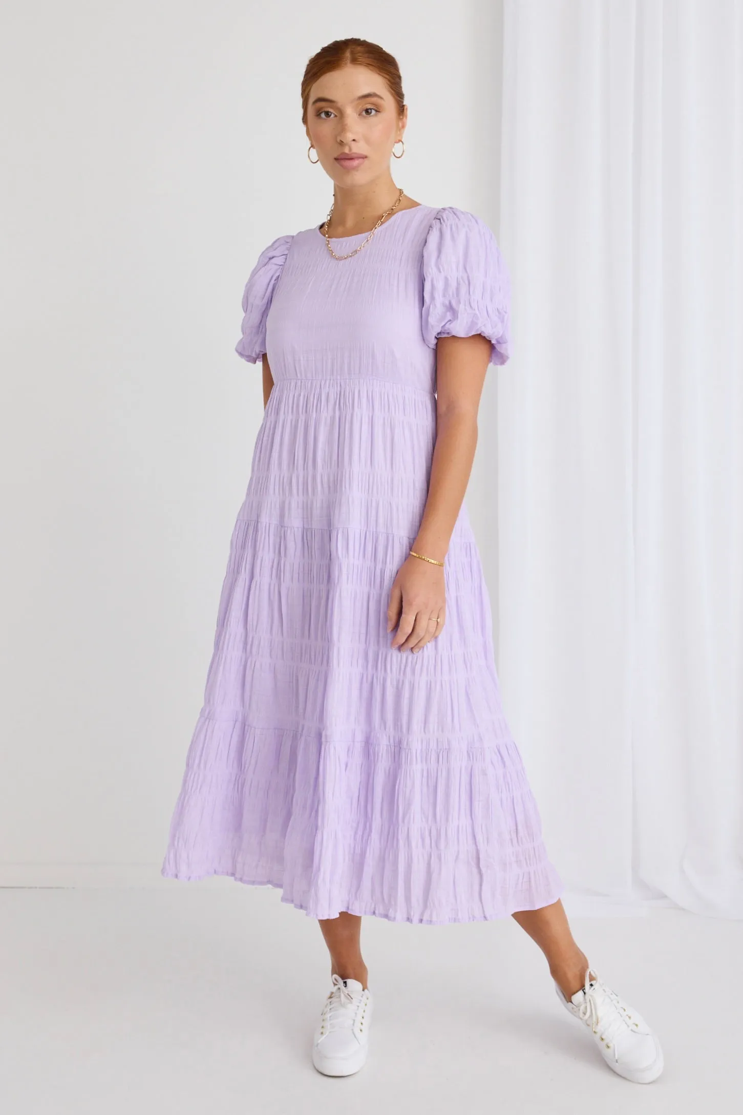 Graceful Lilac Shirred Cotton Bubble Sleeve Tiered Maxi Dress