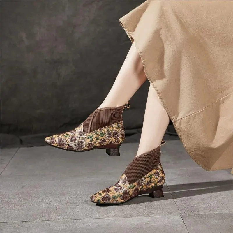 Handmade Embroidery Leather Boots: AZ308 Women's Low-Heel Casual Shoes