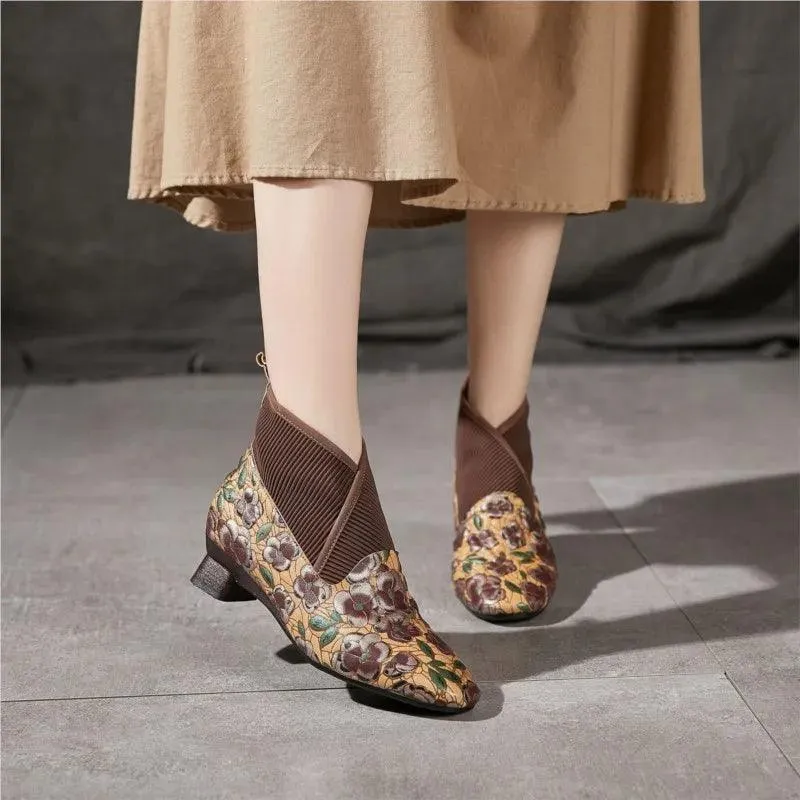 Handmade Embroidery Leather Boots: AZ308 Women's Low-Heel Casual Shoes