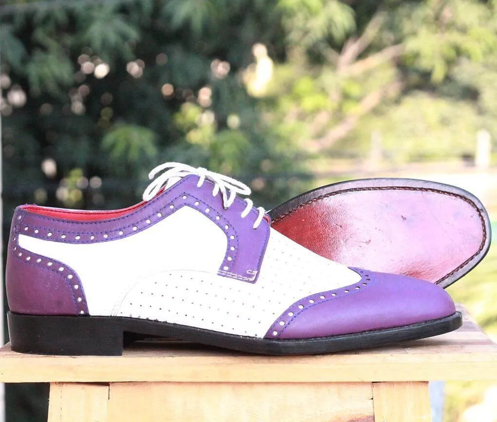 Handmade Leather White Purple Wing Tip Shoe