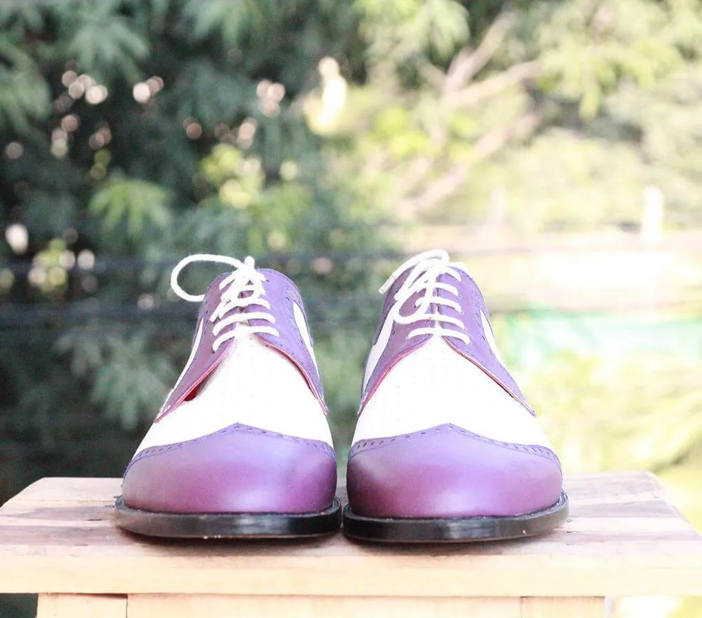 Handmade Leather White Purple Wing Tip Shoe