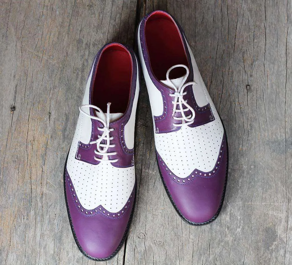 Handmade Leather White Purple Wing Tip Shoe