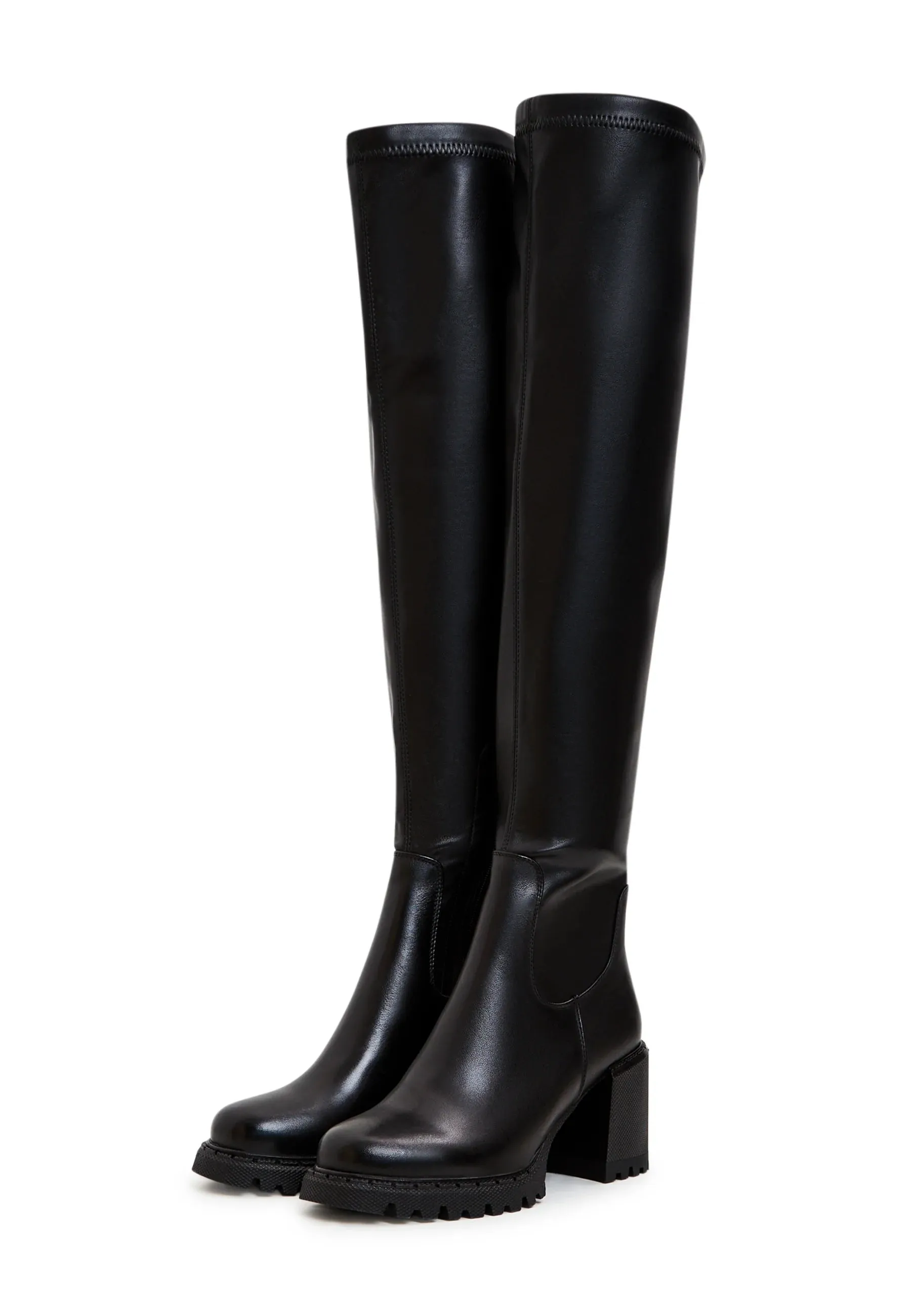 Knee High Boots With Block Heel - Black