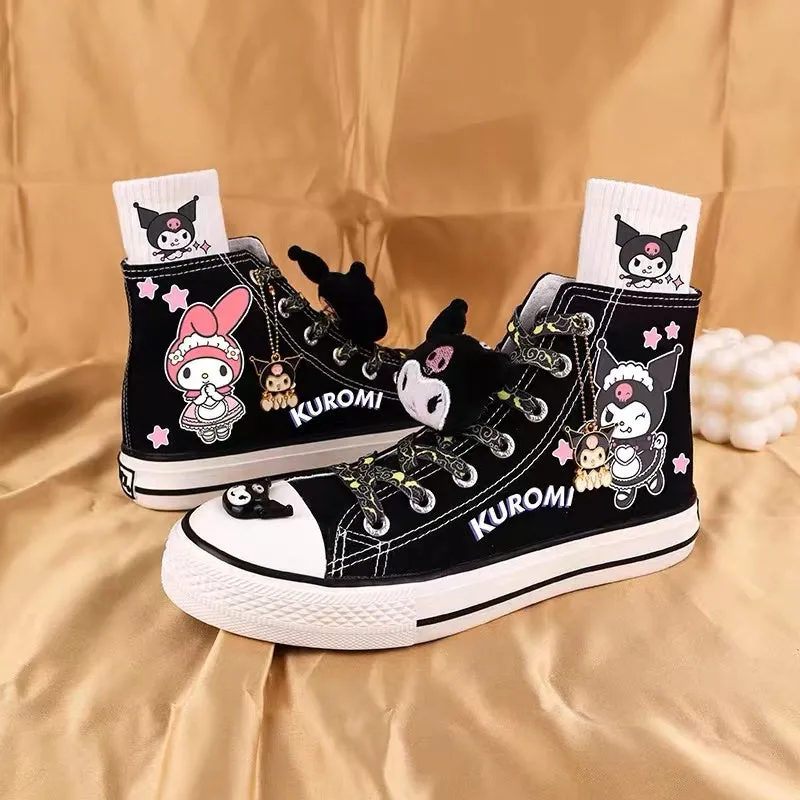 Kuromi and My Melody Inspired High-Top Canvas Sneakers in Black and White