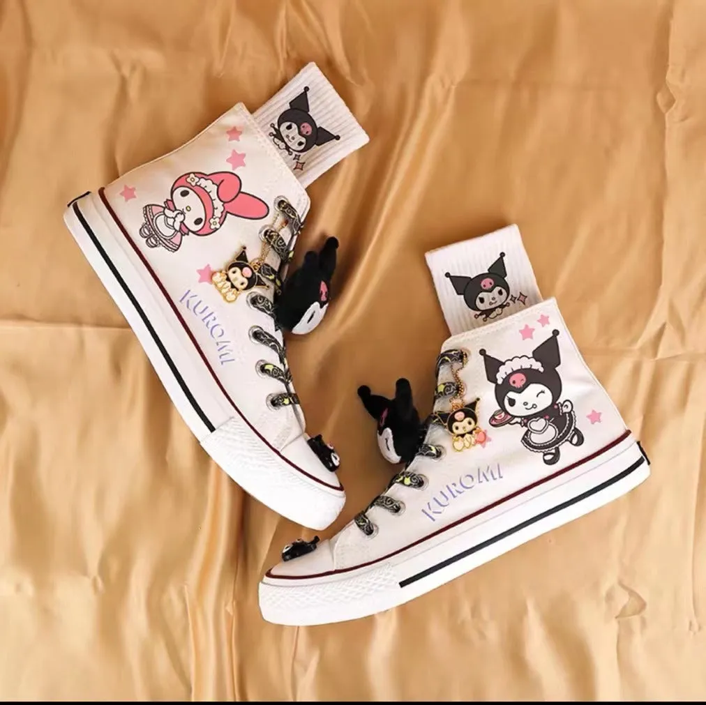 Kuromi and My Melody Inspired High-Top Canvas Sneakers in Black and White