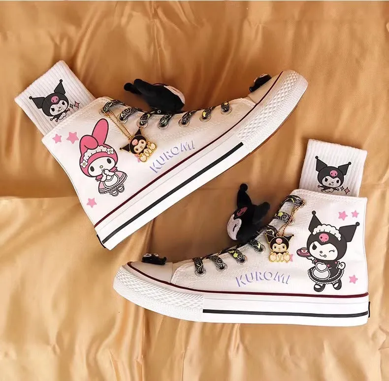 Kuromi and My Melody Inspired High-Top Canvas Sneakers in Black and White