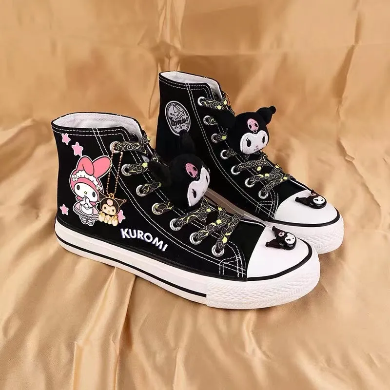 Kuromi and My Melody Inspired High-Top Canvas Sneakers in Black and White