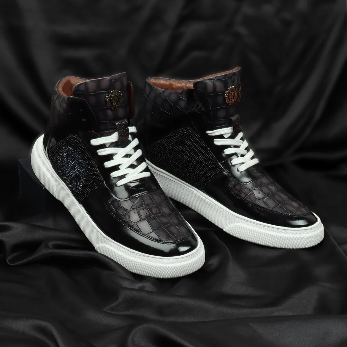 Men's Black Smokey Grey Beads Lion Zardosi Leather Sneakers with Patent Detailing by Brune & Bareskin