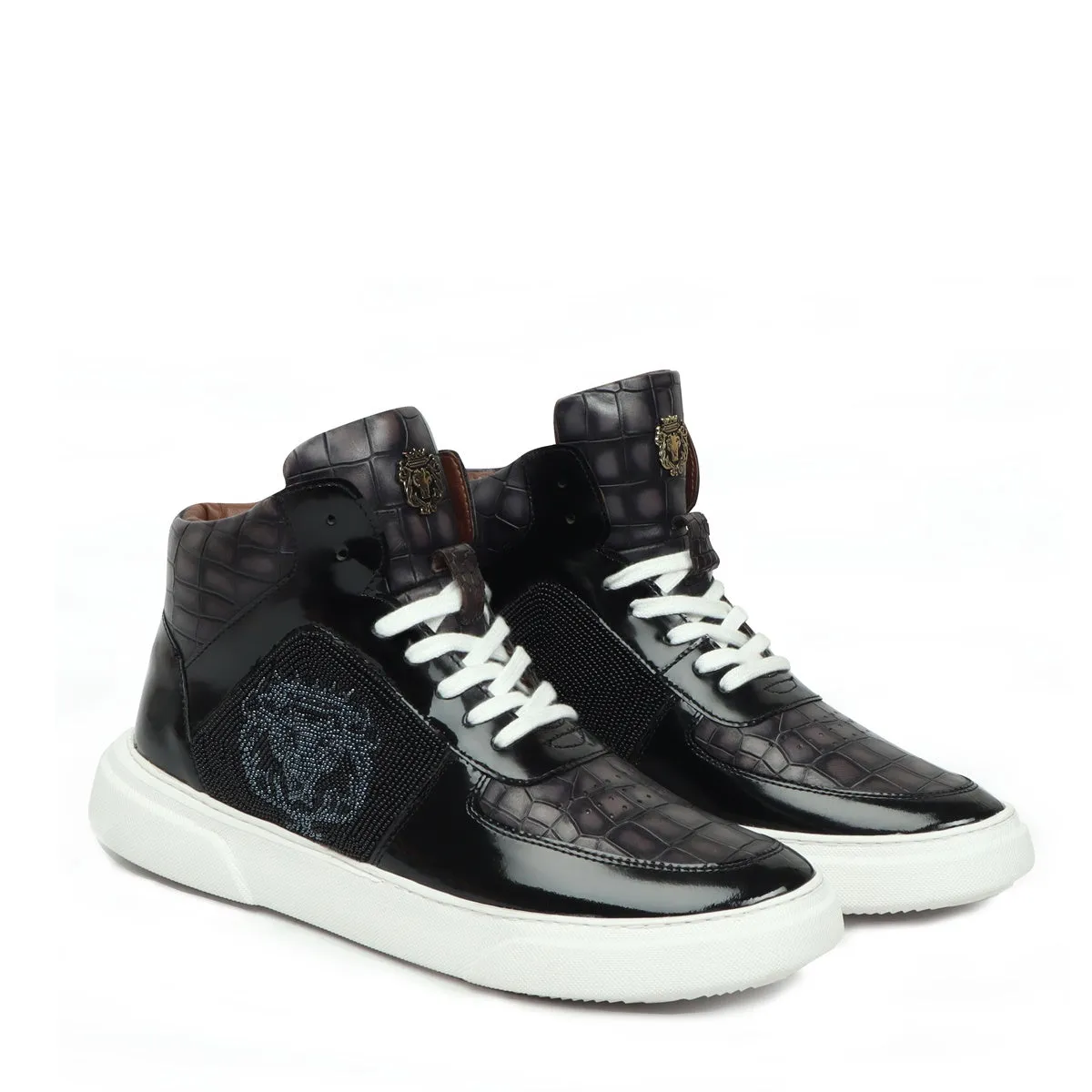 Men's Black Smokey Grey Beads Lion Zardosi Leather Sneakers with Patent Detailing by Brune & Bareskin