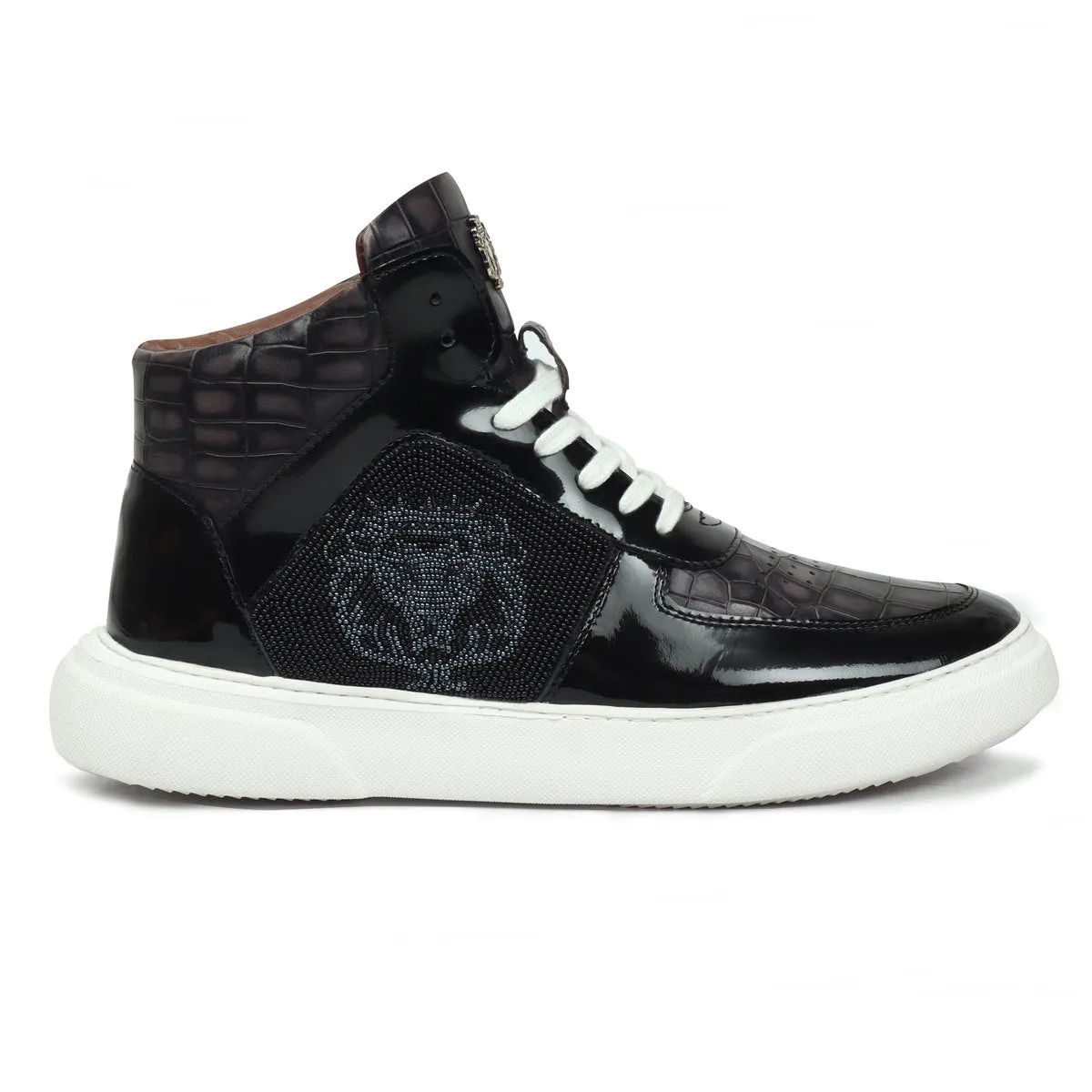 Men's Black Smokey Grey Beads Lion Zardosi Leather Sneakers with Patent Detailing by Brune & Bareskin