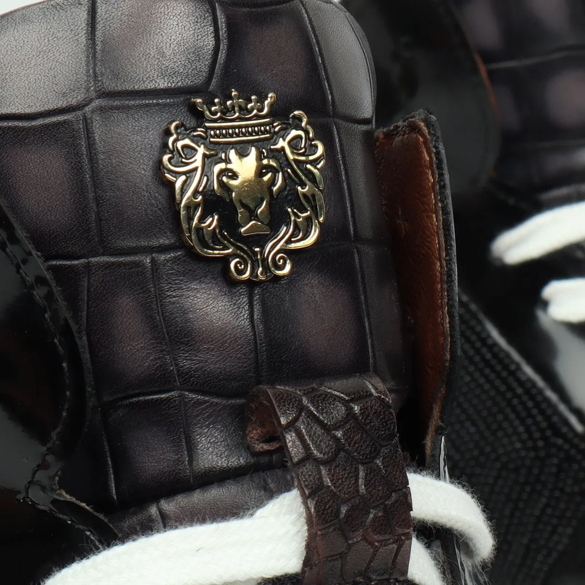 Men's Black Smokey Grey Beads Lion Zardosi Leather Sneakers with Patent Detailing by Brune & Bareskin