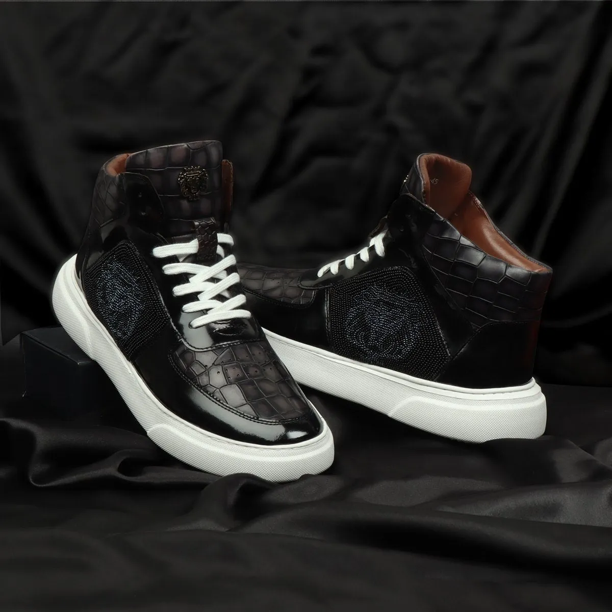 Men's Black Smokey Grey Beads Lion Zardosi Leather Sneakers with Patent Detailing by Brune & Bareskin