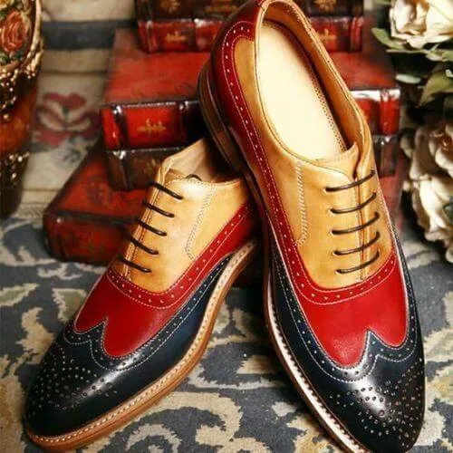 Men's Multi Shades Leather Wing Tip Brogue Shoes