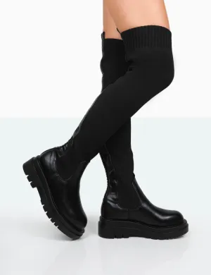 New-Me Black Pu and Knit Over The Knee Chunky Sole Sock Fit Boots