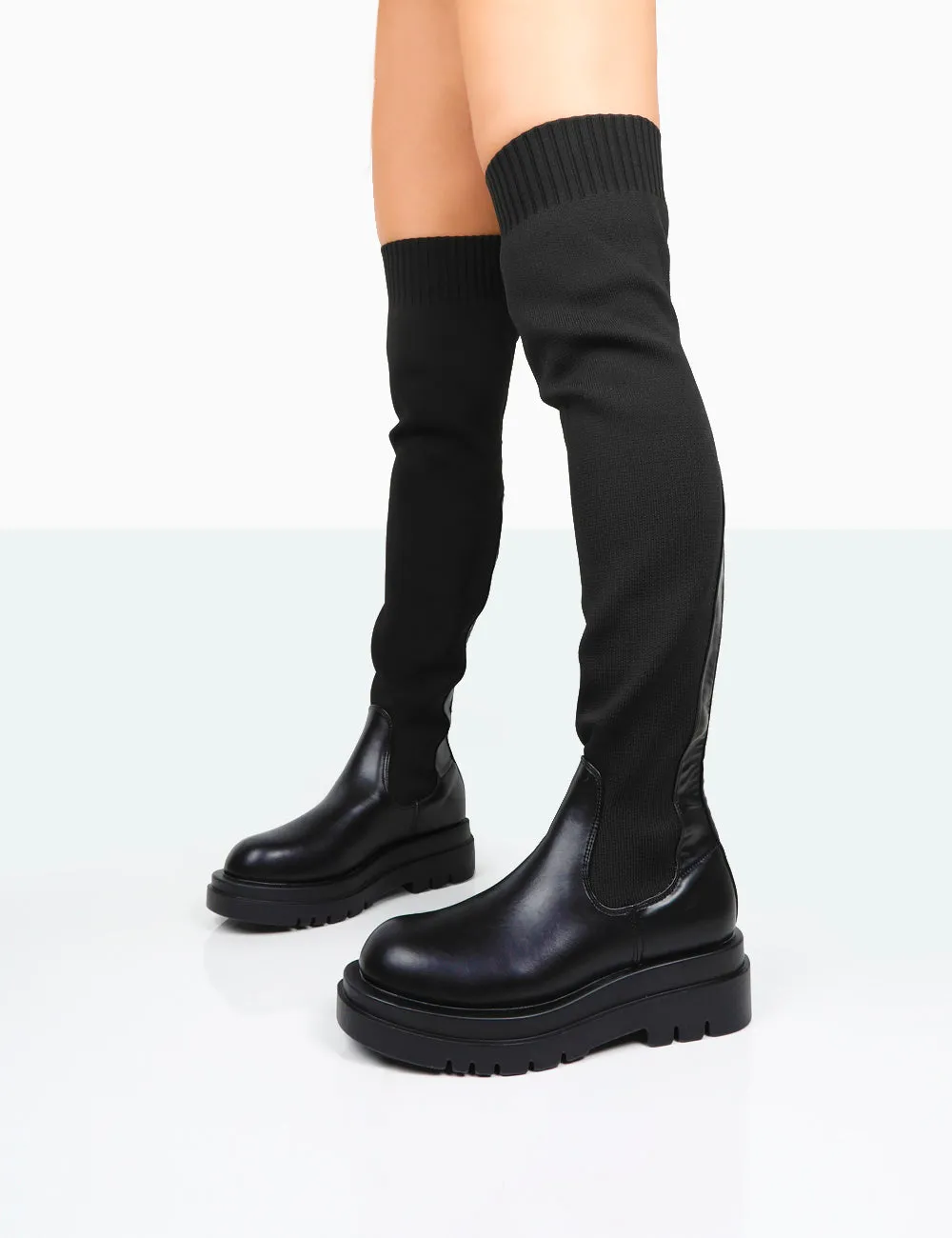 New-Me Black Pu and Knit Over The Knee Chunky Sole Sock Fit Boots